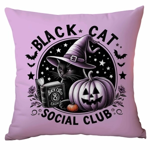 Halloween purple witch cushion cover with black cat social club and pumpkin design