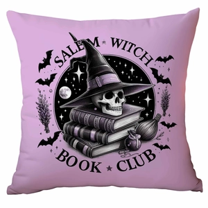 Salem Witch Book Club Halloween pillow case with gothic skull and magic motifs