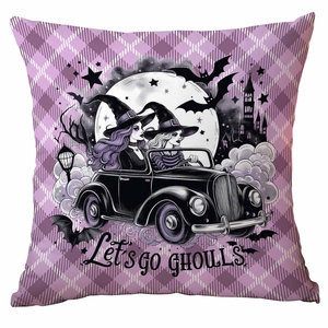 Halloween witch pillowcase with retro car and purple plaid Let's go GHOULS design