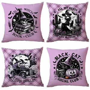Halloween Witch Linen Pillowcase Gothic Skull Cushion Cover Digital Printed Purple Plaid Throw Pillow Cover For Sofa Decor
