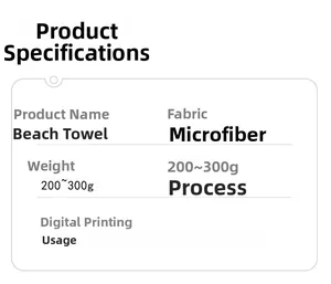 Microfiber beach towel specifications with weight and digital printing details