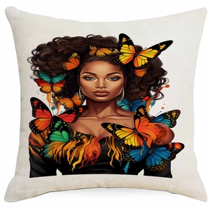 Detailed macro view of linen texture and colorful butterfly lady print on cushion cover