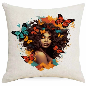 Detailed fabric texture of a cotton linen pillowcase with black woman and butterfly art