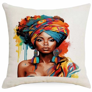 Artistic Black Woman portrait pillow cover made of textured cotton linen fabric