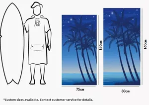 Size chart for microfiber beach towels showing 150x75cm and 160x80cm with human scale