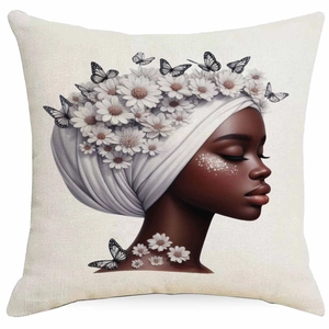Close-up of African woman floral cushion cover with white daisies and butterflies
