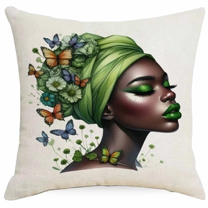 Close-up of square pillowcase with floral black girl portrait and colorful butterflies