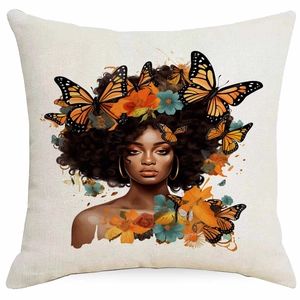 Square pillowcase featuring African woman portrait with butterflies and floral details
