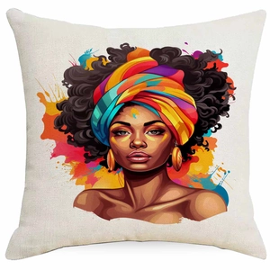 Ethnic black woman portrait cushion cover with colorful headwrap and watercolor art style
