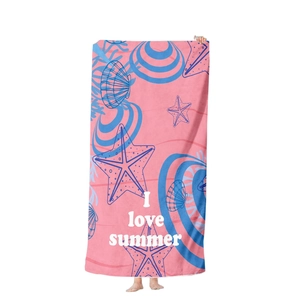 Pink microfiber quick-dry beach towel with I love summer quote and sea shell pattern