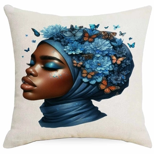 Detailed texture of fabric pillowcase with colorful floral African girl portrait art