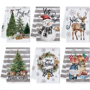 Set of 6 Christmas kitchen towels with watercolor trees and reindeer festive patterns