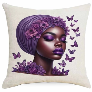 Colorful African girl cushion cover with purple floral crown and butterfly art
