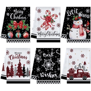 Set of 6 Christmas microfiber dish towels with festive red holiday prints for table decor