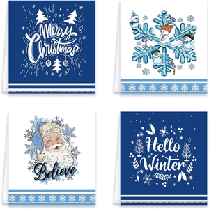 Set of four Christmas kitchen towels with red festive prints and winter holiday patterns