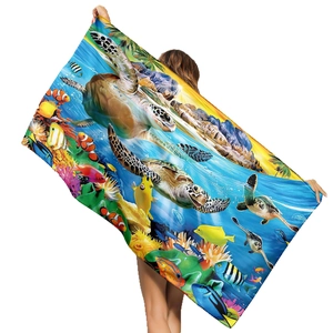 Microfiber beach towel with sea turtle and colorful coral reef underwater world print