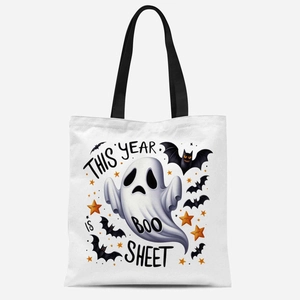 Détail du sac fourre-tout en toile blanche avec imprimé fantôme d'Halloween et anses