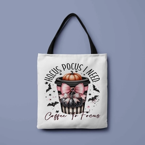 Detail of Halloween white canvas tote bag with witch pumpkin and coffee print