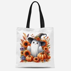 Détail de l'imprimé fantôme mignon avec chapeau fleuri et tournesols sur sac cabas en toile