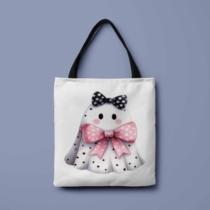 Close-up of thick canvas tote bag showing the weave texture and cute ghost print details