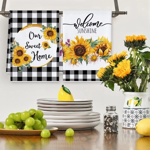 Set of 2 buffalo plaid tea towels with sunflower floral prints for home kitchen decor