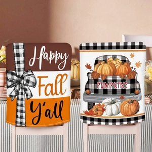Autumn Thanksgiving Linen Chair Cover Retro Truck Pumpkin Maple Leaf Print Decorative Dining Room Chair Back Covers For Festival