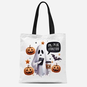 Sac fourre-tout en toile blanche avec fantôme d'Halloween mignon et motifs de citrouilles