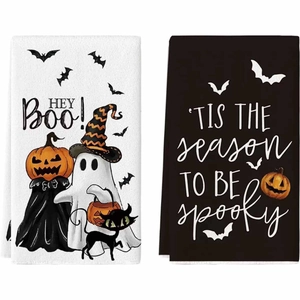 Λεπτομέρεια από πετσέτες μικροϊνών Halloween με σχέδια φαντάσματα και κολοκύθες