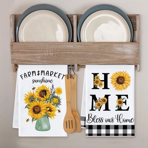 Set of two microfiber sunflower kitchen towels with black plaid hem for home decor