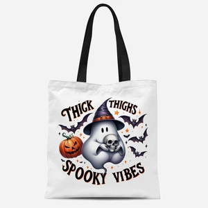 Sac fourre-tout en toile blanche avec imprimé fantôme Halloween et poignées noires