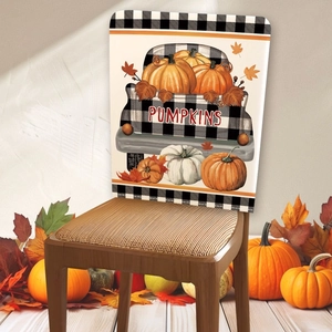Linen autumn chair cover with pumpkin truck and maple leaves for Thanksgiving dining decor