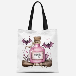 Sac fourre-tout d'Halloween en toile avec motif potion magique et chauves-souris, blanc