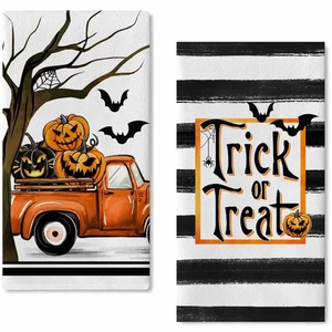 Σετ δύο πετσέτες μικροϊνών Halloween με φορτηγό κολοκύθας και σχέδιο Trick or Treat