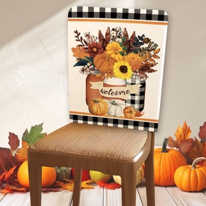 Linen chair back cover with autumn pumpkin and sunflower design for dining room decor