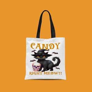 Detail of white Halloween canvas tote bag with black cat wizard and skull illustration