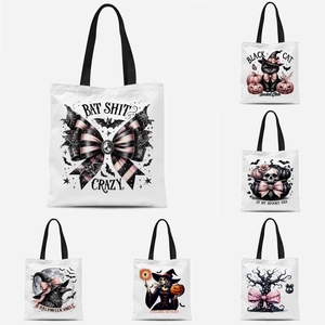 Halloween Gothic Witch Skeleton Printed Canvas Tote Bag For Women Reusable Spooky Ghost Pumpkin Pattern Shopping Handbag