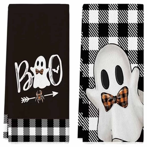 Λεπτομέρεια υφής για πετσέτες κουζίνας Halloween με σχέδια φαντάσματα και boo