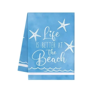 Strofinaccio blu con stelle marine e testo Life is Better at the Beach