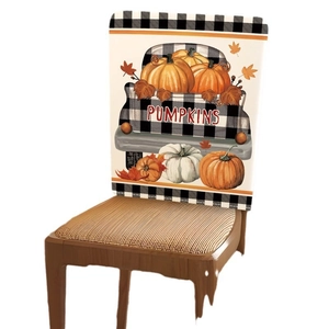 Linen autumn chair cover with pumpkin truck and maple leaf design for Thanksgiving decor