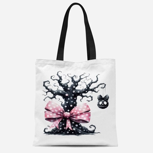 Halloween canvas tote bag with gothic tree, skull pendant and pink polka dot bow decoration