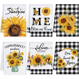 Rustic Sunflower Buffalo Check Kitchen Towels Microfiber Absorbent Dish Cloths For Home Restaurant Farmhouse Decor Towels