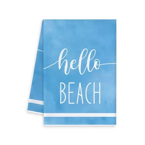 Strofinaccio cucina blu oceano con scritta hello BEACH e strisce bianche eleganti