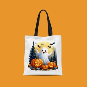Close-up of Halloween mini canvas tote bag featuring cute ghost and pumpkin illustrations