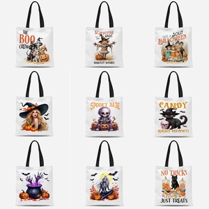 Halloween Canvas Tote Bag Polyester Cotton Reusable Grocery Handbag Spooky Pumpkin Skull Witch Black Cat Pattern Party Gift