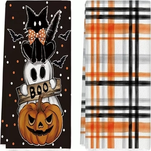 Σετ πετσέτες κουζίνας μικροϊνών Halloween με μαύρη γάτα, φάντασμα και καρό σχέδιο
