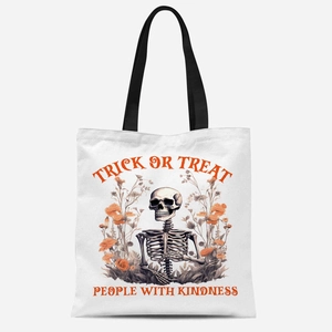 Mini Halloween canvas tote bag with skeleton and floral Trick or Treat design
