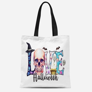 Mini Halloween canvas tote bag with Love skull graphic and black handles for daily commute