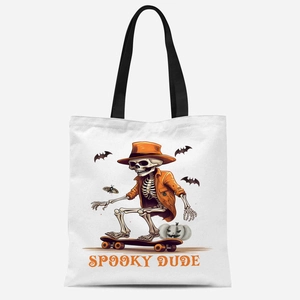 Mini Halloween canvas tote bag with Spooky Dude skull illustration and black handles