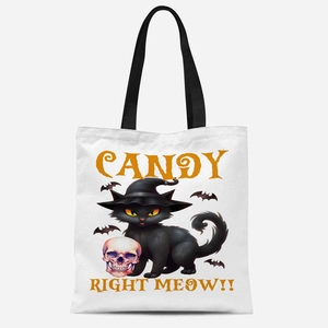 Mini Halloween canvas tote bag with black cat and skull print for daily commuting