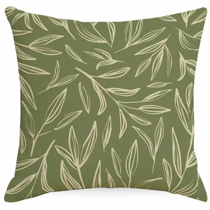 Modern olive green linen pillowcase with cream hand-drawn leaf patterns for sofa decor